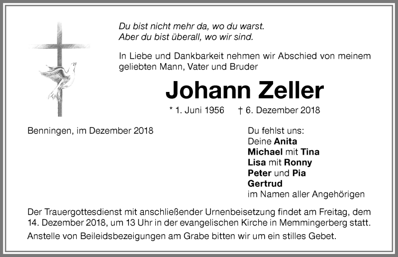 Traueranzeige von Johann Zeller von Memminger Zeitung