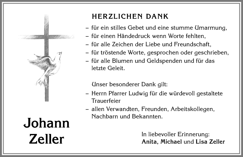 Traueranzeige von Johann Zeller von Memminger Zeitung