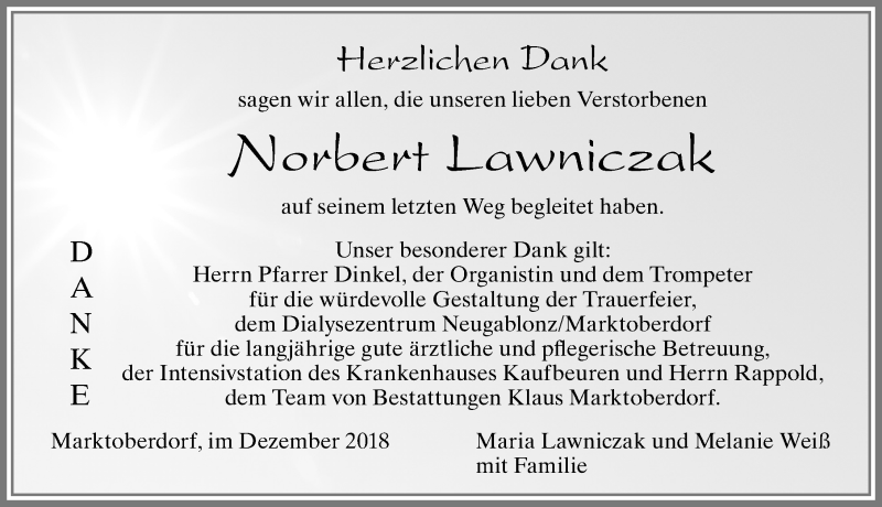 Traueranzeige von Norbert Lawniczak von Allgäuer Zeitung, Marktoberdorf