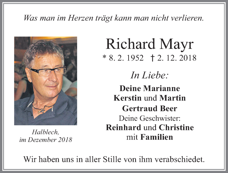 Traueranzeigen Von Richard Mayr Augsburger Allgemeine Zeitung