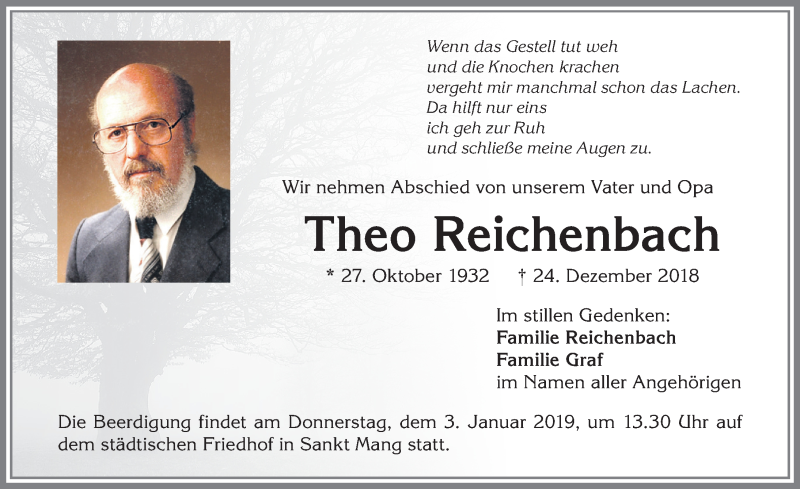 Traueranzeige von Theo Reichenbach von Allgäuer Zeitung,Kempten