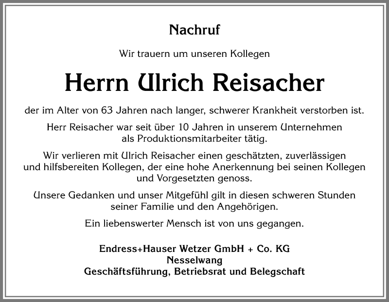 Traueranzeige von Ulrich Reisacher von Allgäuer Zeitung, Füssen