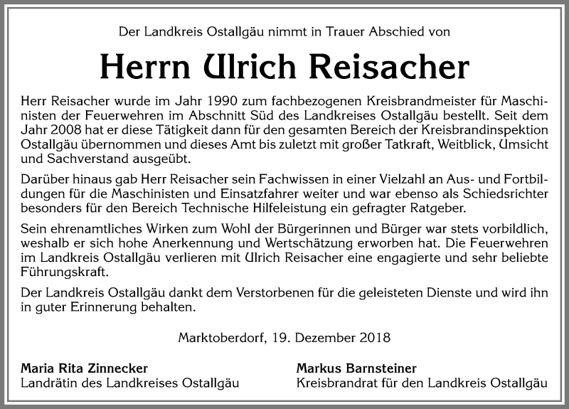 Traueranzeige von Ulrich Reisacher von Allgäuer Zeitung