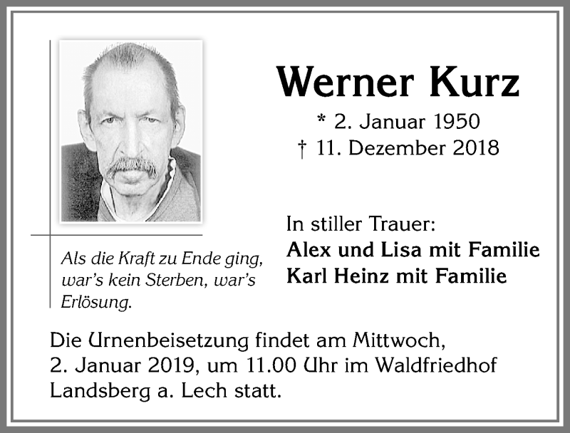 Traueranzeige von Werner Kurz von Allgäuer Zeitung, Kaufbeuren/Buchloe