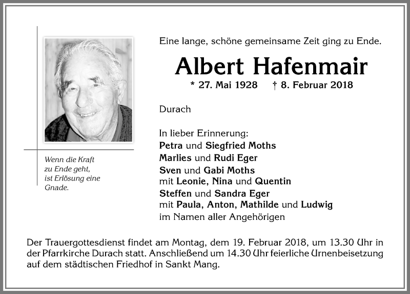 Traueranzeige von Albert Hafenmair von Allgäuer Zeitung,Kempten