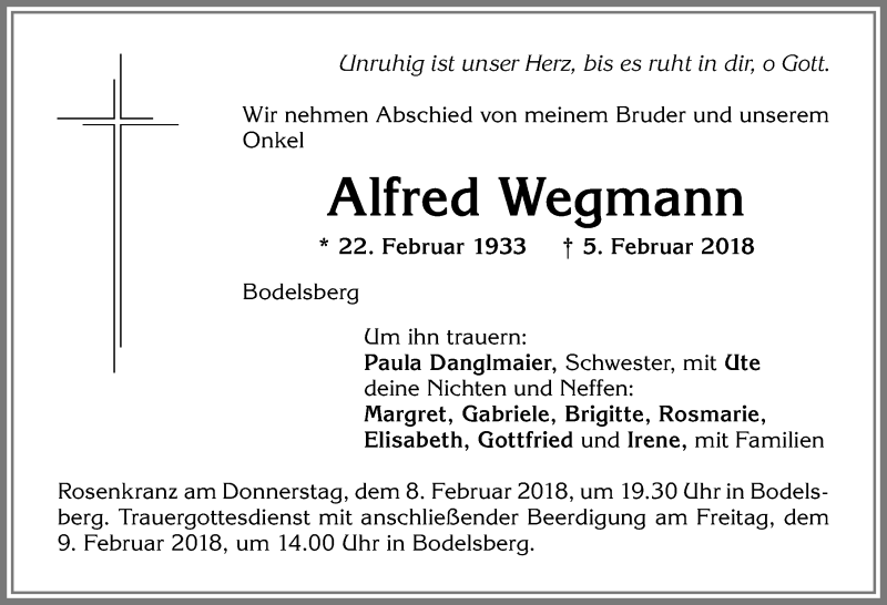 Traueranzeige von Alfred Wegmann von Allgäuer Zeitung,Kempten