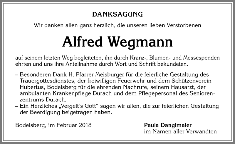 Traueranzeige von Alfred Wegmann von Allgäuer Zeitung,Kempten