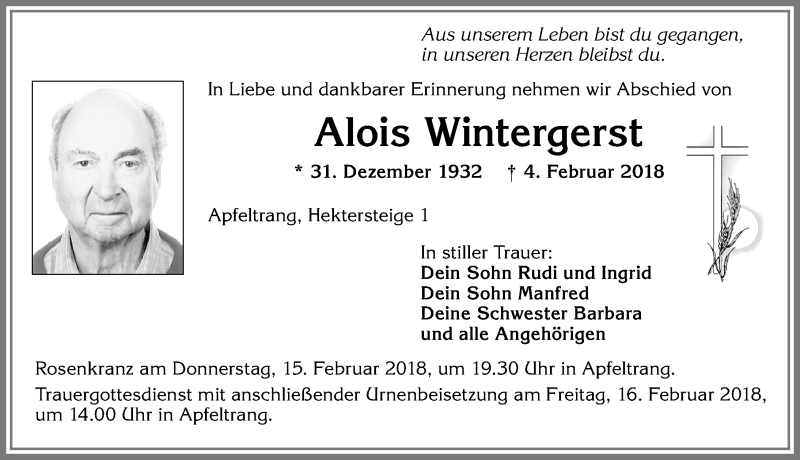 Traueranzeige von Alois Wintergerst von Allgäuer Zeitung, Kaufbeuren/Buchloe