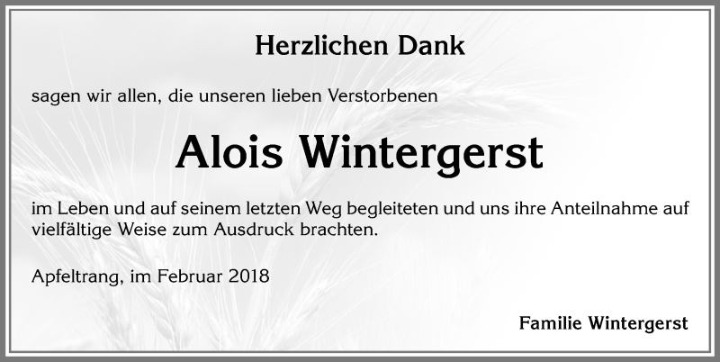 Traueranzeige von Alois Wintergerst von Allgäuer Zeitung, Kaufbeuren/Buchloe