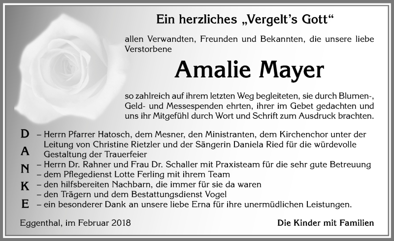 Traueranzeige von Amalie Mayer von Allgäuer Zeitung, Kaufbeuren/Buchloe