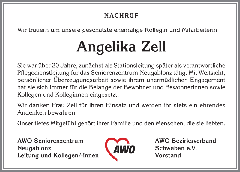 Traueranzeige von Angelika Zell von Allgäuer Zeitung, Kaufbeuren/Buchloe