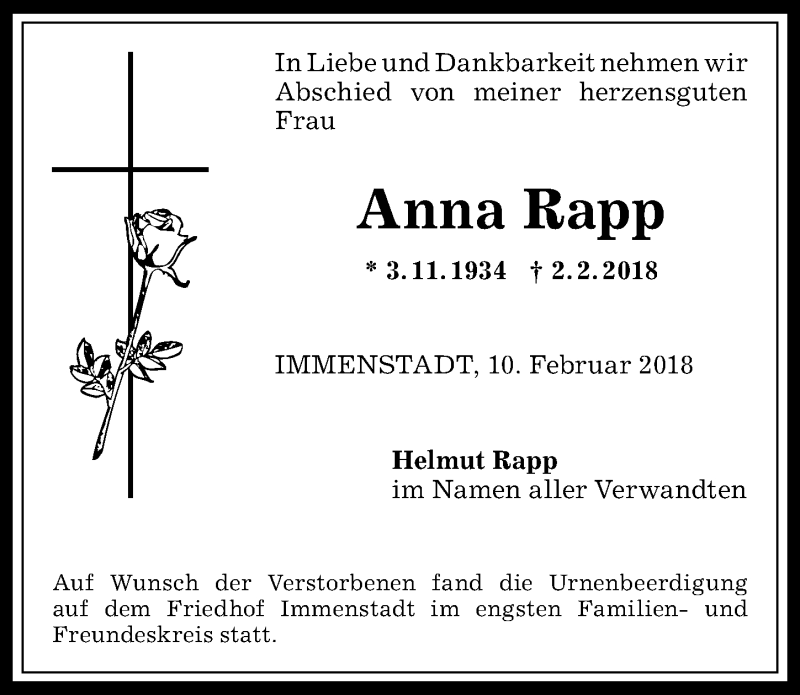 Traueranzeige von Anna Rapp von Allgäuer Anzeigeblatt