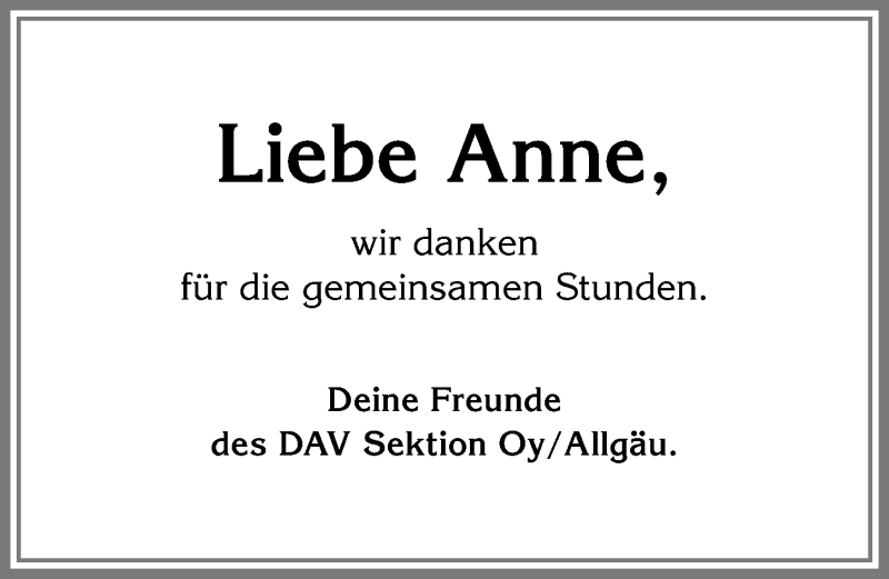 Traueranzeige von Anne  von Allgäuer Zeitung,Kempten