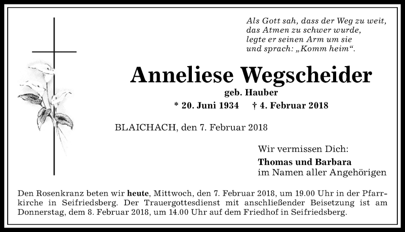 Traueranzeige von Anneliese Wegscheider von Allgäuer Anzeigeblatt