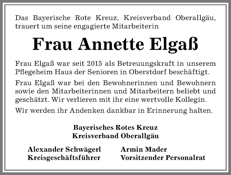 Traueranzeige von Annette Elgaß von Allgäuer Anzeigeblatt