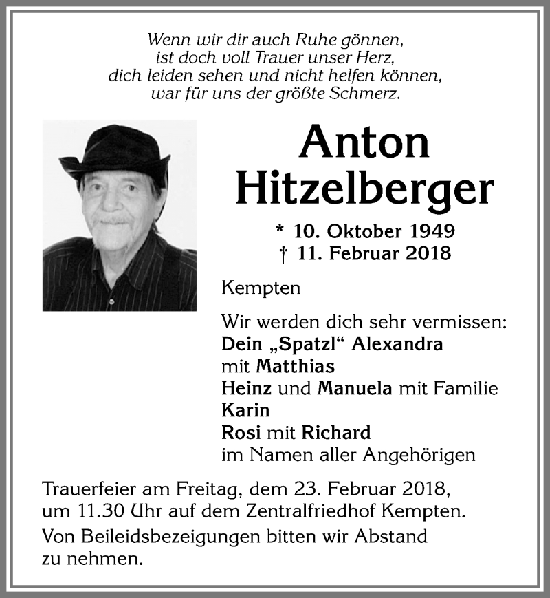Traueranzeige von Anton Hitzelberger von Allgäuer Zeitung,Kempten