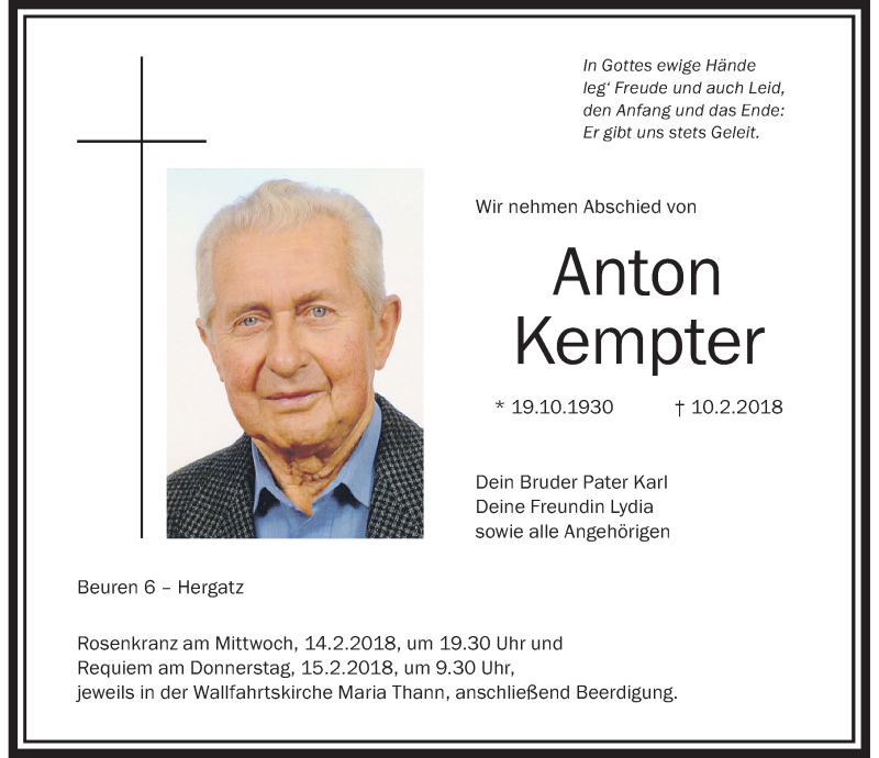 Traueranzeige von Anton Kempter von Der Westallgäuer