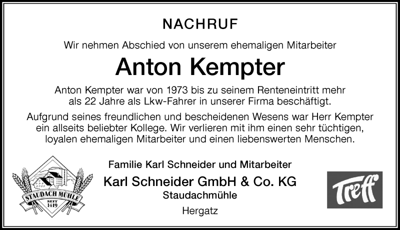 Traueranzeige von Anton Kempter von Der Westallgäuer