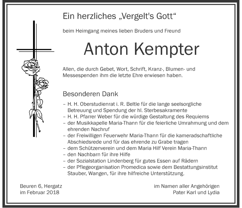 Traueranzeige von Anton Kempter von Der Westallgäuer