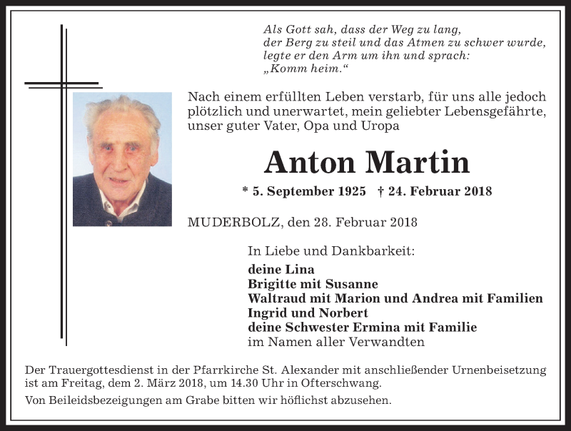 Traueranzeige von Anton Martin von Allgäuer Anzeigeblatt