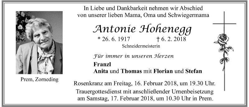 Traueranzeige von Antonie Hohenegg von Allgäuer Zeitung, Füssen