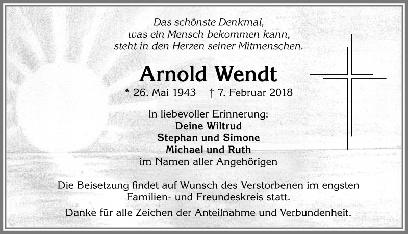 Traueranzeige von Arnold Wendt von Allgäuer Zeitung,Kempten