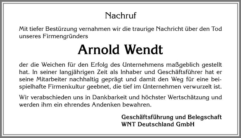 Traueranzeige von Arnold Wendt von Allgäuer Zeitung, Gesamtausgabe