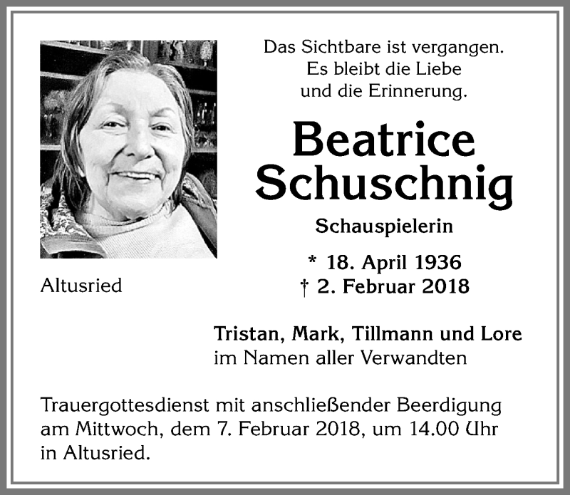 Traueranzeige von Beatrice Schuschnig von Allgäuer Zeitung,Kempten