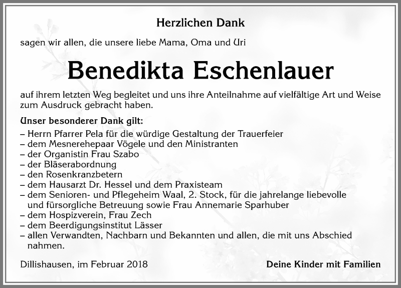 Traueranzeige von Benedikta Eschenlauer von Allgäuer Zeitung, Kaufbeuren/Buchloe