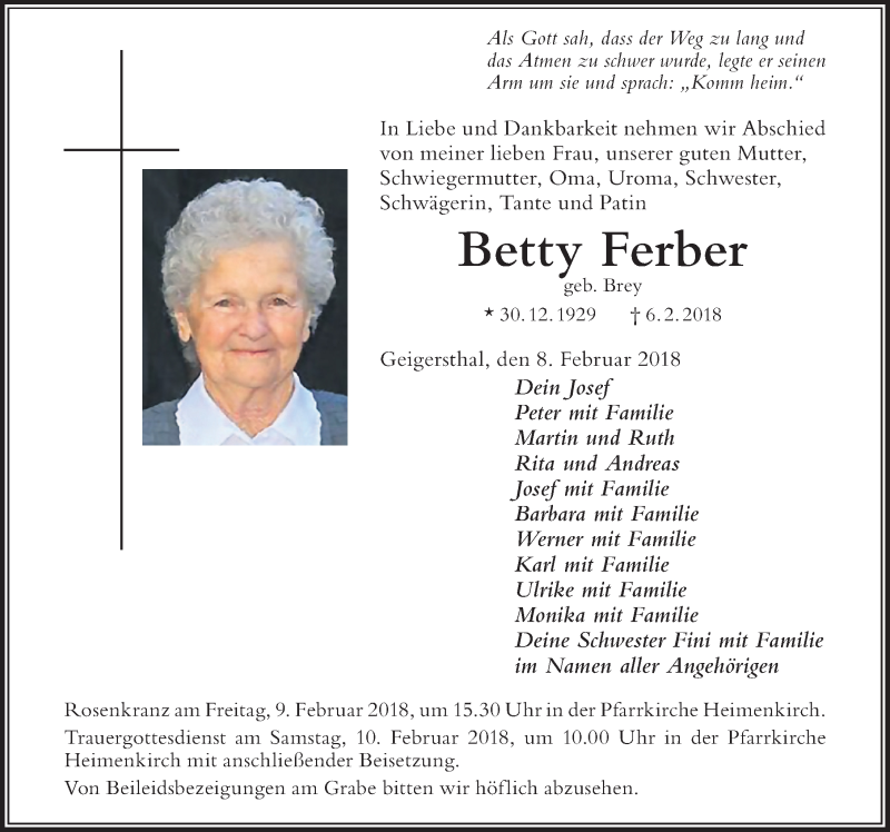 Traueranzeige von Betty Ferber von Der Westallgäuer