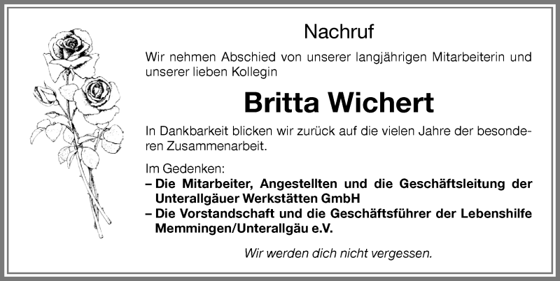 Traueranzeige von Britta Wichert von Memminger Zeitung