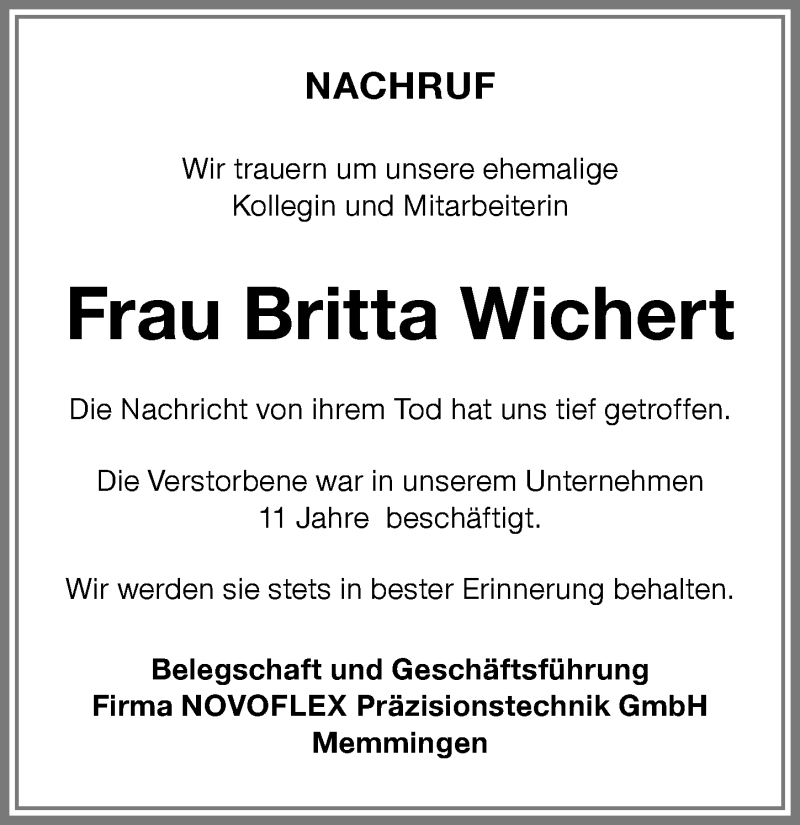 Traueranzeige von Britta Wichert von Memminger Zeitung