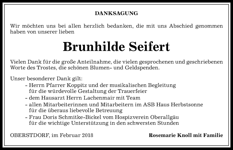 Traueranzeige von Brunhilde Seifert von Allgäuer Anzeigeblatt