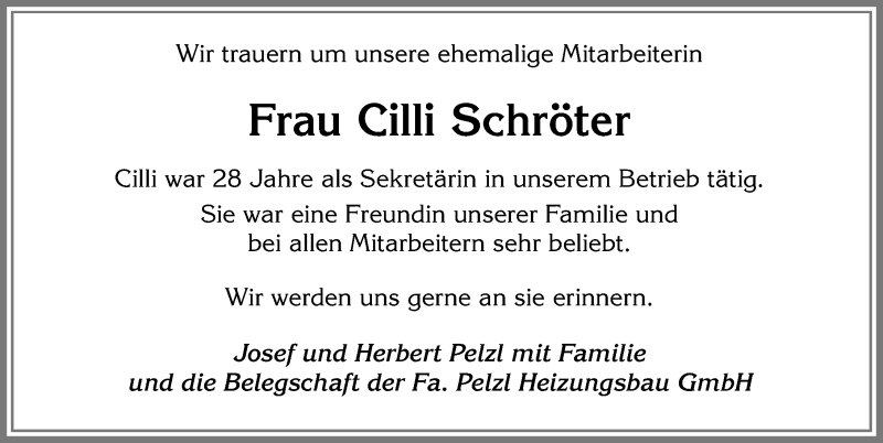 Traueranzeige von Cilli Schröter von Allgäuer Zeitung, Kaufbeuren/Buchloe