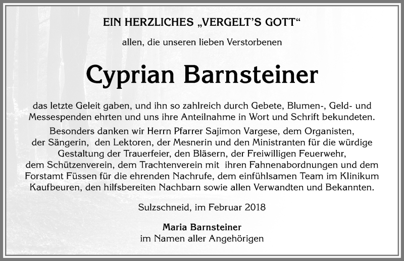 Traueranzeige von Cyprian Barnsteiner von Allgäuer Zeitung, Marktoberdorf