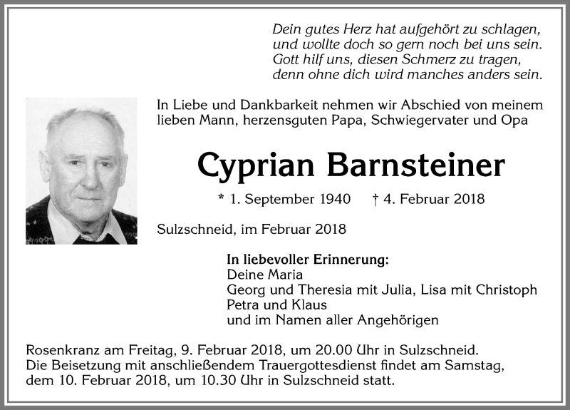 Traueranzeige von Cyprian Barnsteiner von Allgäuer Zeitung, Marktoberdorf