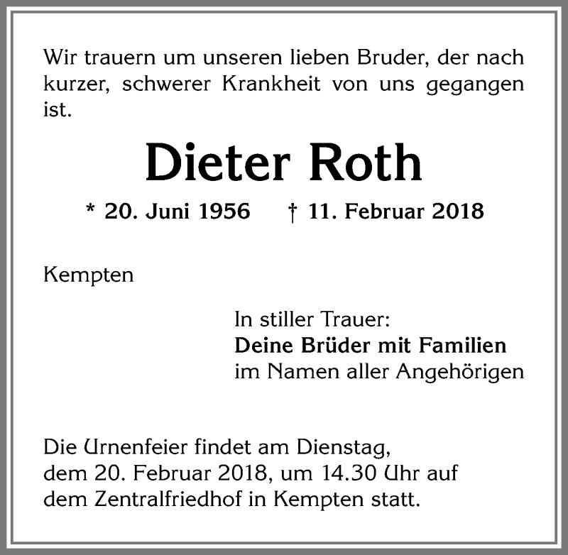 Traueranzeige von Dieter Roth von Allgäuer Zeitung,Kempten