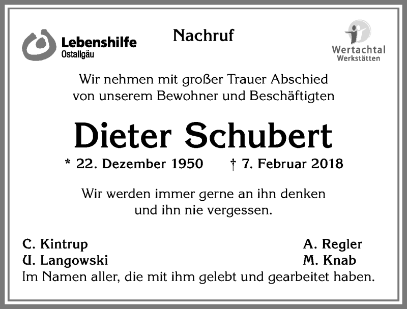 Traueranzeige von Dieter Schubert von Allgäuer Zeitung, Kaufbeuren/Buchloe