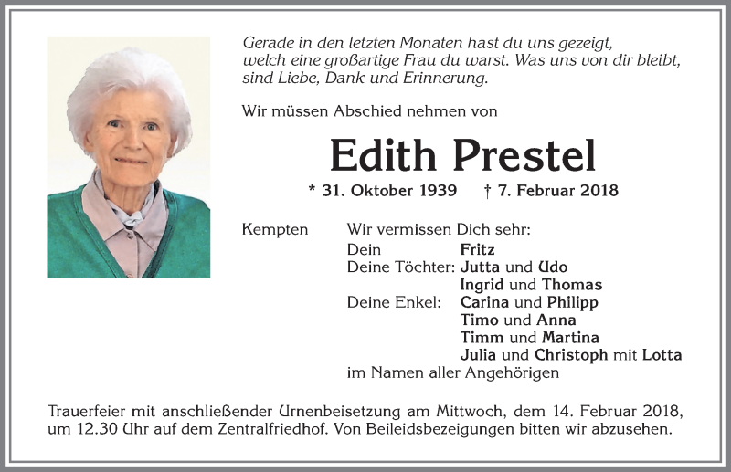 Traueranzeige von Edith Prestel von Allgäuer Zeitung,Kempten