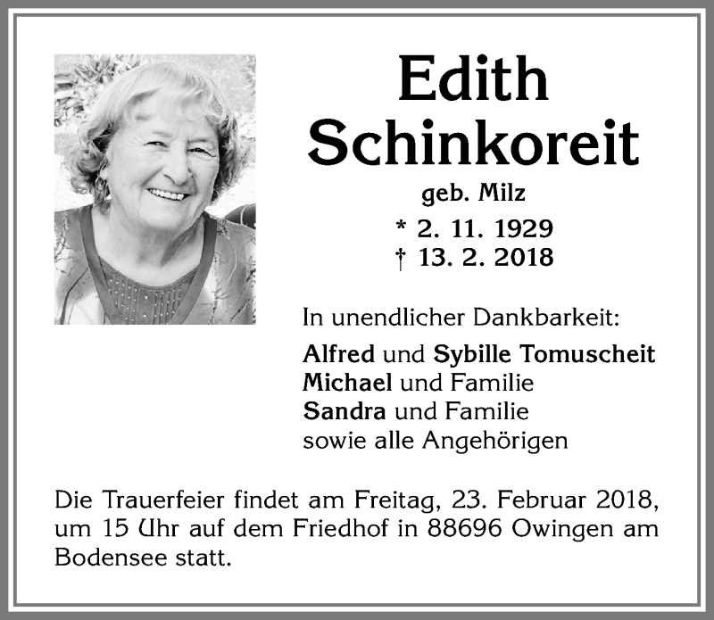 Traueranzeige von Edith Schinkoreit von Der Westallgäuer