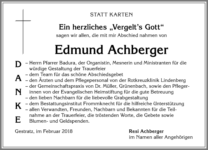 Traueranzeige von Edmund Achberger von Der Westallgäuer