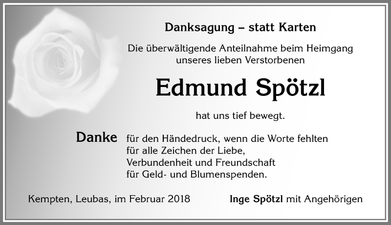 Traueranzeige von Edmund Spötzl von Allgäuer Zeitung,Kempten