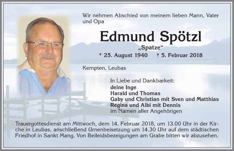 Traueranzeige von Edmund Spötzl von Allgäuer Zeitung,Kempten