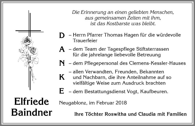 Traueranzeige von Elfriede Baindner von Allgäuer Zeitung, Kaufbeuren/Buchloe