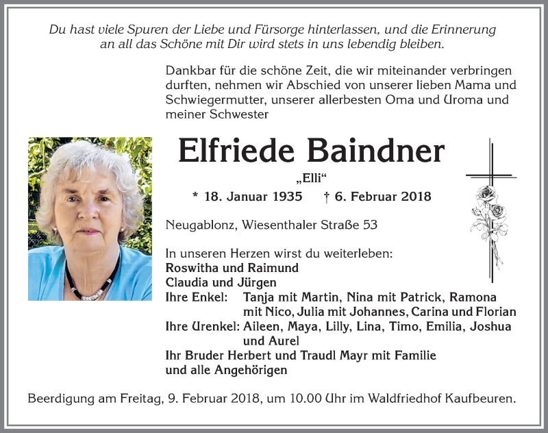 Traueranzeige von Elfriede Baindner von Allgäuer Zeitung, Kaufbeuren/Buchloe