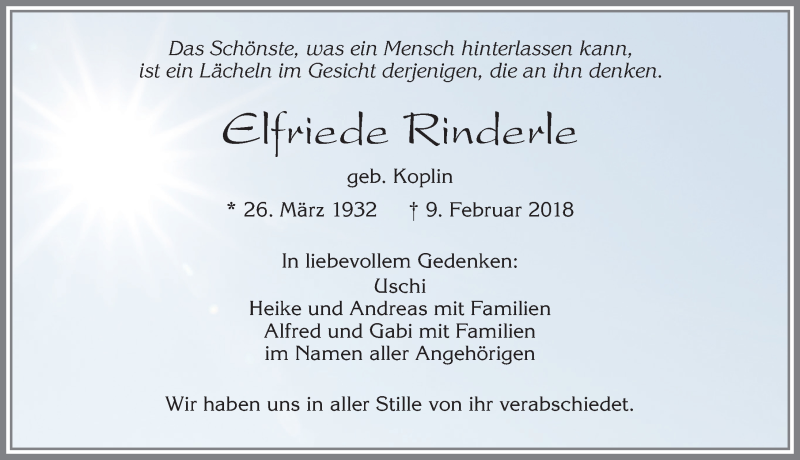 Traueranzeige von Elfriede Rinderle von Allgäuer Zeitung, Füssen