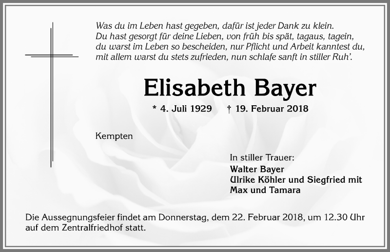 Traueranzeige von Elisabeth Bayer von Allgäuer Zeitung,Kempten