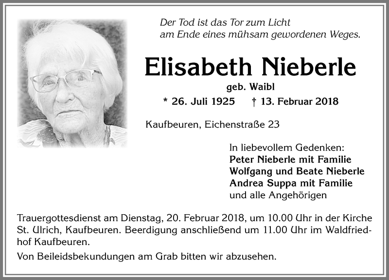 Traueranzeige von Elisabeth Nieberle von Allgäuer Zeitung, Kaufbeuren/Buchloe