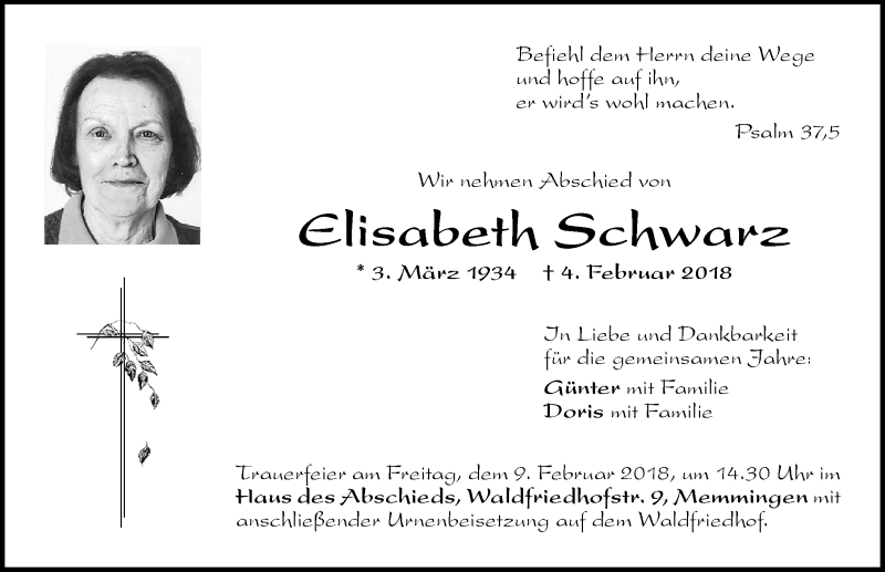 Traueranzeige von Elisabeth Schwarz von Memminger Zeitung