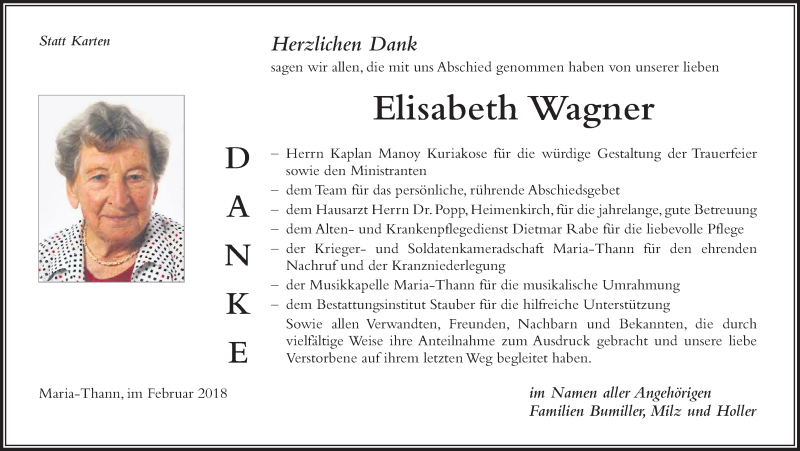 Traueranzeige von Elisabeth Wagner von Der Westallgäuer